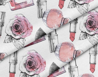 Fabric by the Yard ( Perfume Lipstick Makeup Brush Icon Print Pattern ) for sewing, crafting, upholstery and D.I.Y projects.