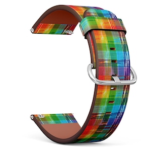Vegan Leather Watch Strap 18mm 20mm 22mm 23mm ( Colorful Rainbow Plaid Pattern On Print ) Watch Band Bracelet Strap with Quick Release Pins