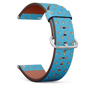 Vegan Leather Watch Strap 18mm 20mm 22mm 23mm ( Cute Cartoon Character Corgi Dog On Print) Watch Band Bracelet Strap with Quick Release Pins