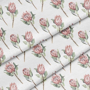 May include: A seamless pattern featuring pink protea flowers with green leaves on a white background. The flowers are arranged in a repeating pattern, creating a delicate and elegant design.