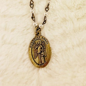 Guardian Angel Necklace Bronze and Pearl Pray for Us