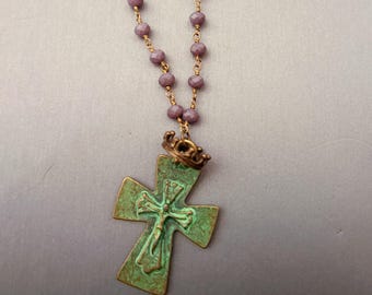 Patina Cross Crown Purple Swarovski 22 inch gypsy vintage necklace