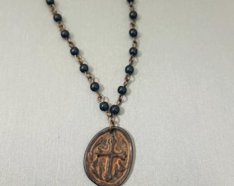 Onyx Stone Vintage Burnt Bronze Cross Necklace