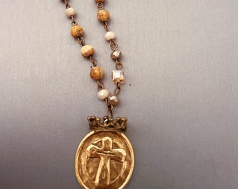 Gold Cross Angel Bronze Crown Jasper Agate Swarovski Vintage Gypsy Necklace