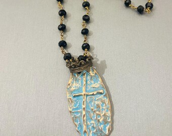 Patina Crown Cross Vintage Boho Gypsy Black Swarovski Necklace