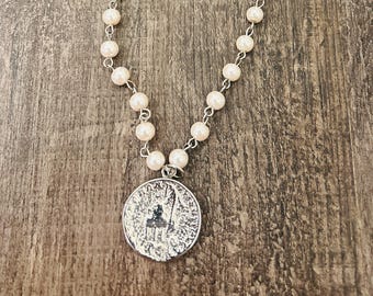 Silver Coin Silver Dipped Vintage Pearl Necklace on a toggle closer