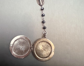 Silver Vintage Locket Black Swarovski Rosary Style Necklace