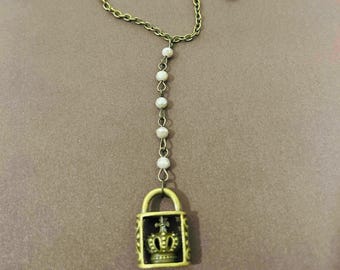 Brown Crown Lock Pendant Gray Swarovski Long Necklace
