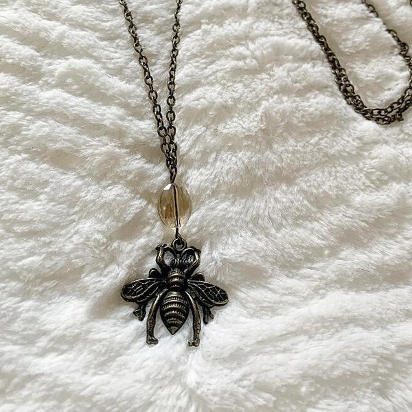 Bronze Bee Pendant Necklace with clear swarovski 30 inch long