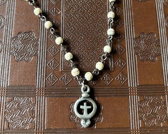 Howlite Silver Cross Necklace - Heart Pendant
