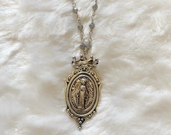 Silver Crown Mary Pendant on Gray Swarovski Necklace