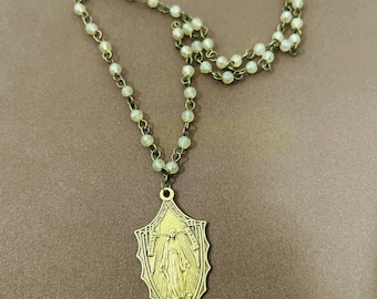 Vintage Mary Shield Pendant on Matt Champagne Swarovski Necklace