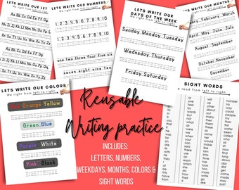 May include: Reusable writing practice worksheets for kids.  The worksheets include letters, numbers, days of the week, months of the year, colors, and sight words.  Each worksheet has lines for writing practice.
