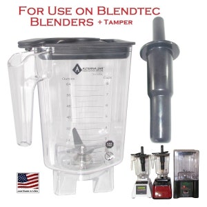 May include: A clear plastic blender pitcher with a black lid and a silver blade. The pitcher has markings for ounces and cups. A black tamper is included. The image also shows three blenders, one red, one black, and one white.