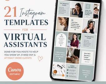Instagram Templates for Virtual Assistants | 21 Canva Posts for VA Businesses | Social Media Kit for VAs | Editable Instagram Content