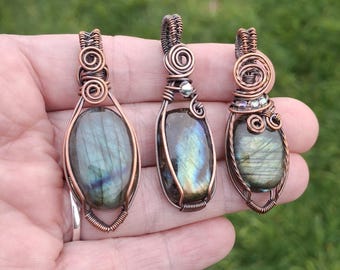 Labradorite Wire Wrapped Pendant Necklace in Bare Copper | Handmade Gemstone Crystal Jewelry