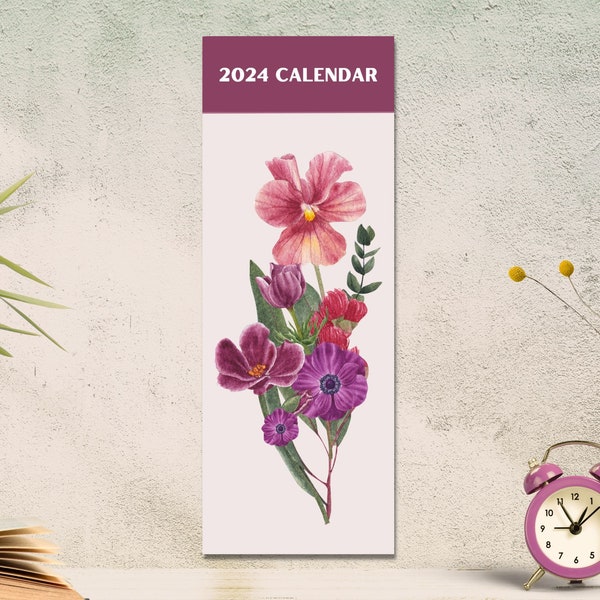 2024 Blumenkalender | 2024 Kalender schmal | Schmaler Wandkalender 2024