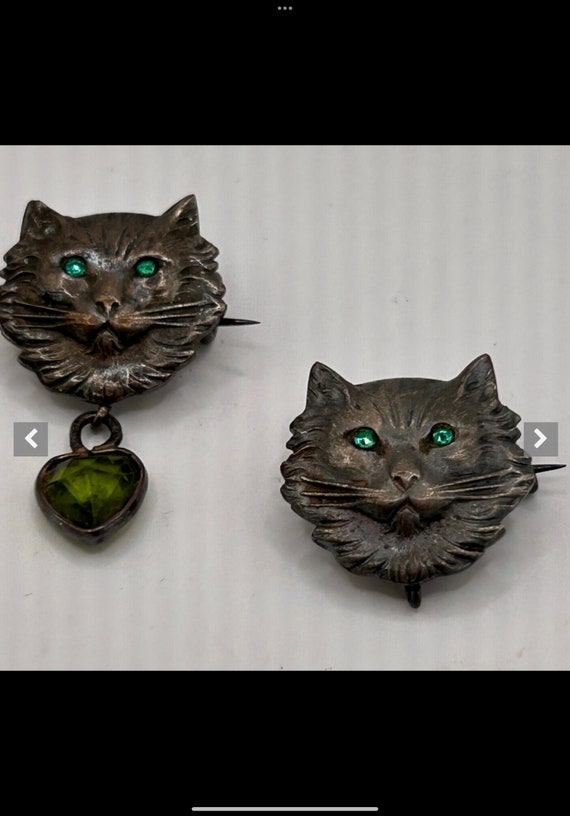 Antique Pair Of Charming Little Silver Cat Brooche