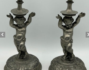 Beautiful Pair of Antique Cherub Candle Holders Standing 8inch Tall