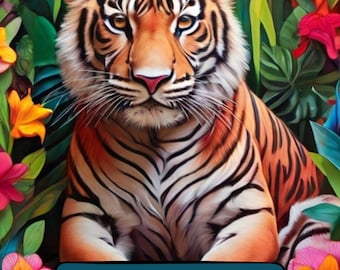 Puede incluir: Un libro para colorear con un tigre sentado en un entorno de jungla con flores de colores. La portada del libro tiene el texto "ANIMALS COLORING BOOK".