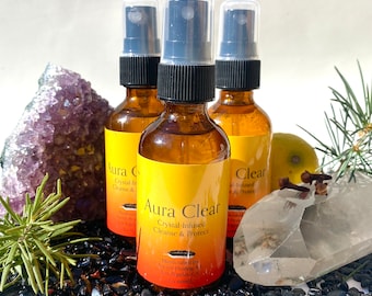 Premium Organic AURA CLEAR Reiki-Charged Crystal Spray, organic & wild essential oils, Smudge Spray, Aura Spray, Empath, Protection Spray