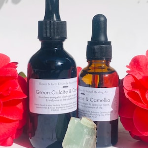 Flower & Gem Essence, Green Calcite and Camellia Flower Essence, Reiki-infused Organic Flower and Gem Elixir, Crystal and Flower Tincture