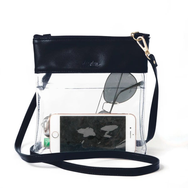 Clear Crossbody Bag - ASSORTED w/Vegan Leather Trim & Strap | College Strap | Game Day | Gift | Stadium Bag | Clear Purse | Adjustable Strap