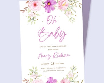 Baby Shower Invitation, Baby Shower Template, Printable, Editable Template, 5x7 Invite, Pink Floral  Invitation Card