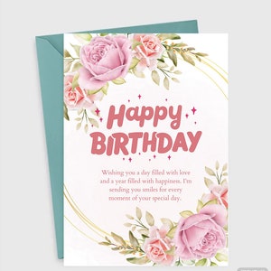 Printable Happy Birthday Card, Pink Floral Birthday Card, Elegant Birthday Card, 5 x7 Card Size, Modern Birthday Card with Text image 1