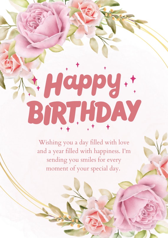 Printable Happy Birthday Card, Pink Floral Birthday Card, Elegant