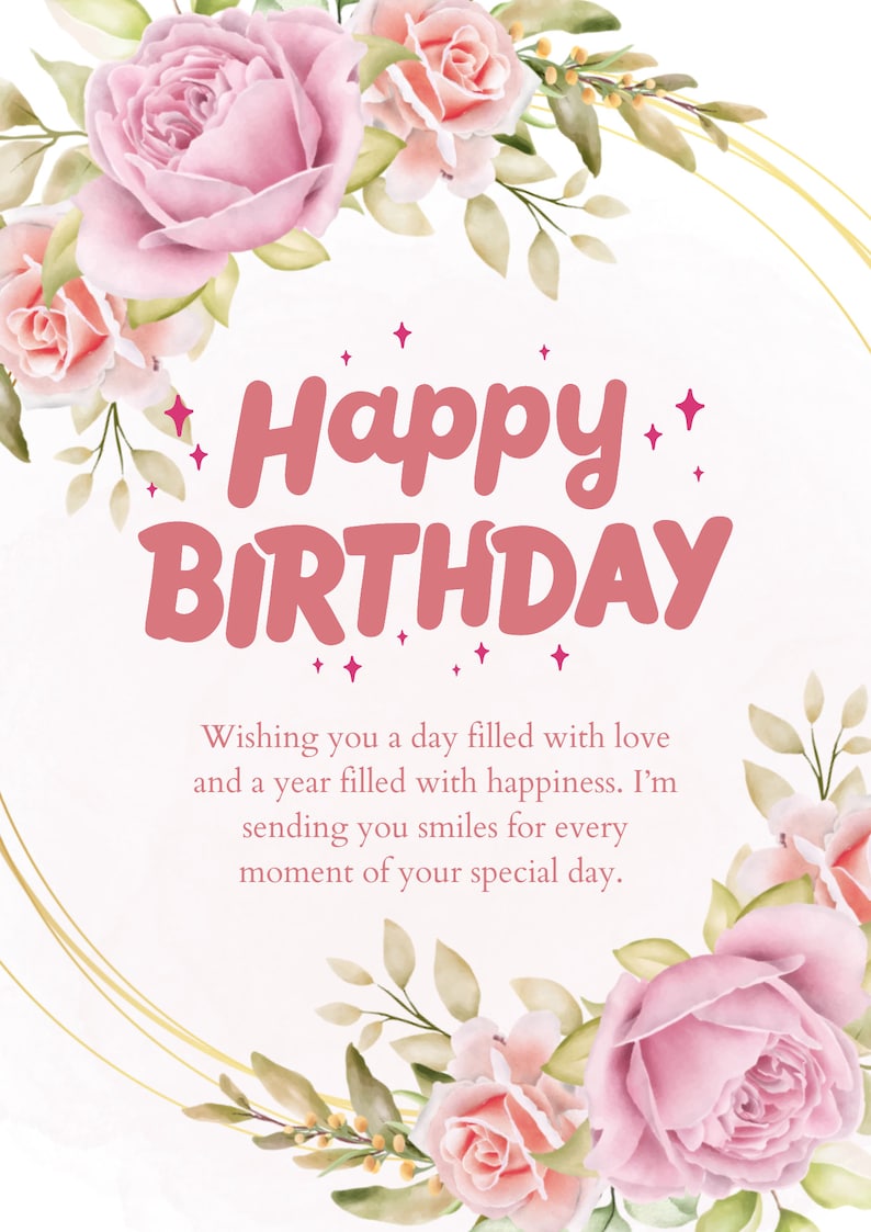 Printable Happy Birthday Card, Pink Floral Birthday Card, Elegant Birthday Card, 5 x7 Card Size, Modern Birthday Card with Text image 2