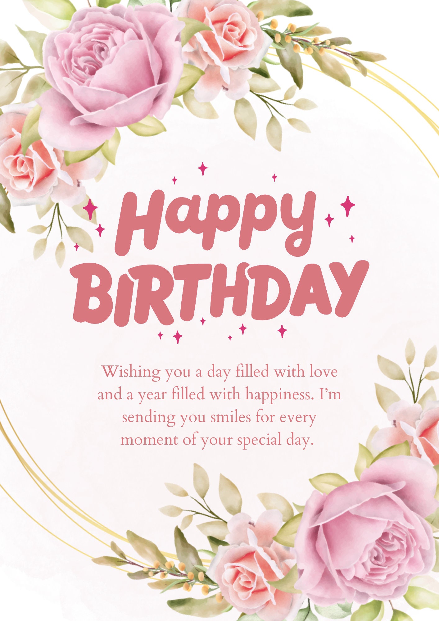 Printable Happy Birthday Card, Pink Floral Birthday Card, Elegant ...