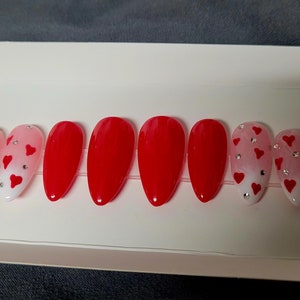 Red Valentine&#39;s Day Press on Nails with Rhinestones and Hearts
