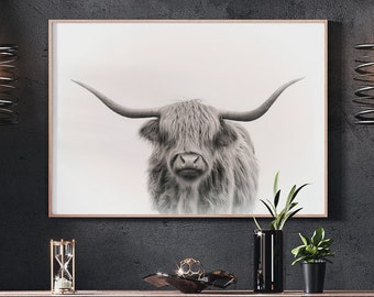 Scottish Highland Cow Print Digital Download, Kyloe Long Haired Cattle Farmhouse Poster Art, Cow Poster Printable, Scotland Cow Art