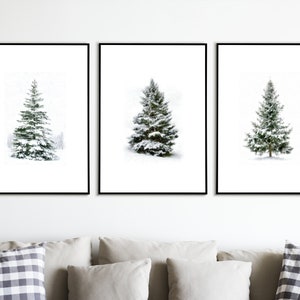 Christmas Pine Tree Prints Set Of 3, Christmas Printable Snowy Tree Art, Evergreen Pine Tree Digital Watercolour Painting, Winter Wall Art