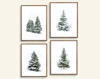 Impresiones de pinos de Navidad conjunto de 4, arte de árboles nevados imprimibles de Navidad, pintura de acuarela digital de pinos de hoja perenne, arte de pared de invierno