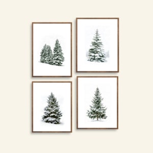 Peut inclure: Quatre impressions d'art encadrées représentant des scènes d'hiver. Chaque impression présente un arbre ou un groupe d'arbres à feuilles persistantes enneigés sur fond blanc. Les cadres sont de couleur marron chaud, ajoutant une touche rustique.