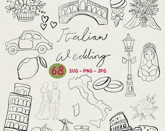 Italië clipartset: handgetekende Italiaanse bruiloft Dolce Vita Italy-pictogramset (PNG, SVG, JPEG) digitale download