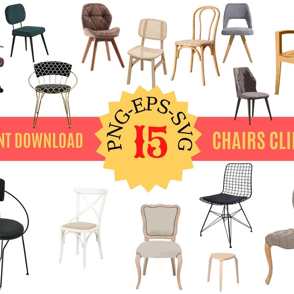 Chair Svg Vector Set, Chair Clipart, Realistic Chair Vectorised, PNG, EPS & Free SVG Files, Commercial Chair Vector Graphics Clip Art Bundle