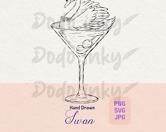 Cisne en copa de Martini SVG PNG Ilustración de invitación de boda dibujada a mano Cisne en copa de cóctel Icono de clipart de fiesta caprichosa Descargar