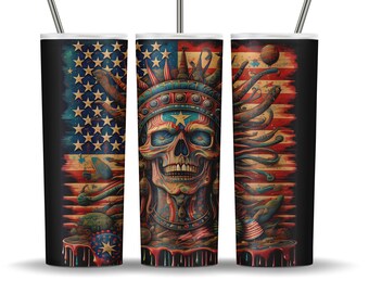 Psychedelic Skull Tumbler PNG Sublimation Patriotic American Flag Tumbler Skinny 20oz Straight Tapered Skull And Flag PNG Digital Download