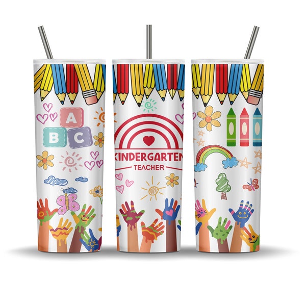 Kindergarten Teacher Tumbler Wrap PNG Sublimation 20oz Skinny Straight Tumbler Sublimate Wrapping Kindergarden Png Tumbler Template File