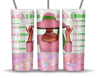 AKA 1908 Tumbler Wrap PNG With Elegant Black Woman Silhouette Pink And Green Alpha Kappa Alpha Fraternity, Sorority 1908 Tumbler Sublimation