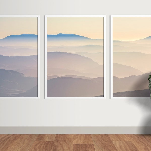 Snowdonia mountain Landscape Triptych Wall Art Digital Download, Blue Nature, Foggy Sky Wall Decor, Abstract 3 Pieces Wall Poster