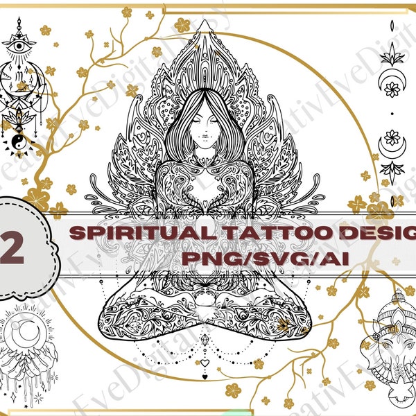 Spiritual tattoo, spiritual awakening tattoo for women, Buddhist awakening signs, modern tattoo PNG, SVG, AI, boho tattoo clipart