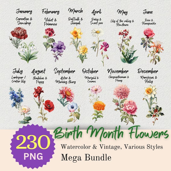 Birth Flower Clipart PNG Custom Flower Bunch Big Bundle Birth Month Flowers Combined Bouquet Kit DIY PNG Birth Flower Print Digital Download