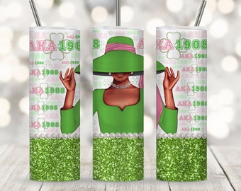 AKA Tumbler Wrap PNG Pink And Green Glittered Alpha Kappa Alpha Fraternity, Sorority 1908 Tumbler Sublimation Skinny 20oz Instant Download