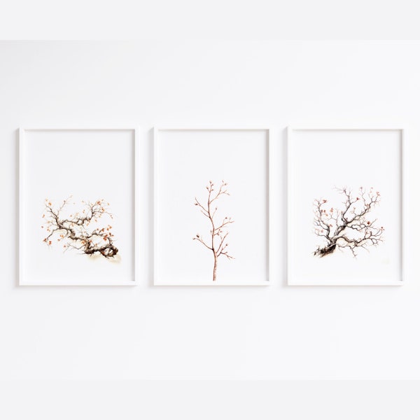 Tree Branches Prints Set Of 3 Printable Tree branches Decor, Rustic Tree Art Digital Watercolor Painting, Tree Without Leaves Printable