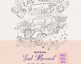 Ilustración de pareja en coche de bodas: Clipart de recién casados (PNG, SVG, JPEG, descarga digital)