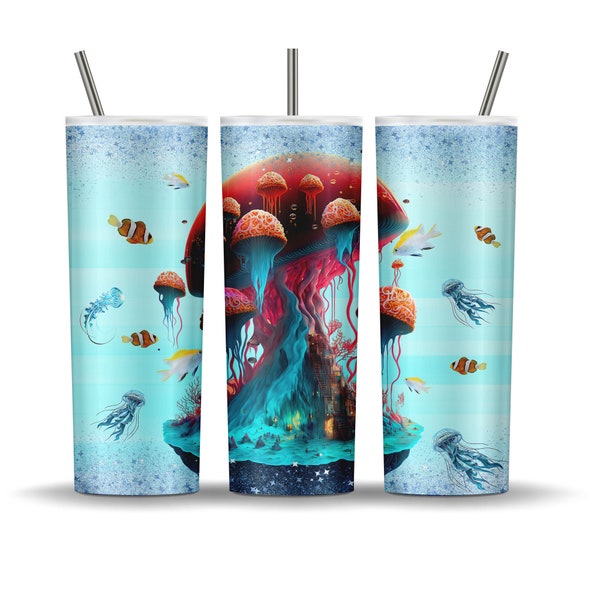 Fantastic Ocean Seashells, Fish, Mushroom City Tumbler Wrap PNG Sublimation, Digital Oil Paint Colorful Sea Ocean Life, Nautical Tumbler